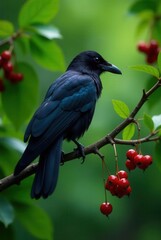 Obraz premium Dark-plumaged avian perched on branch amidst vibrant red berries and lush green foliage