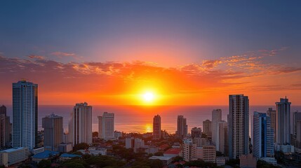 Fototapeta premium Urban skyline illuminated by vibrant sunset casting golden hues over the ocean with high-rise buildings standing against a dramatic sky creating a breathtaking cityscape