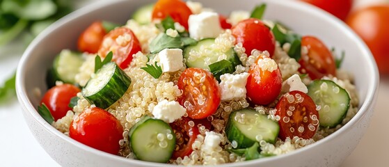 Easy and healthy quinoa salad with cherry tomatoes, cucumbers, and feta, light meal, fresh and colorful setup