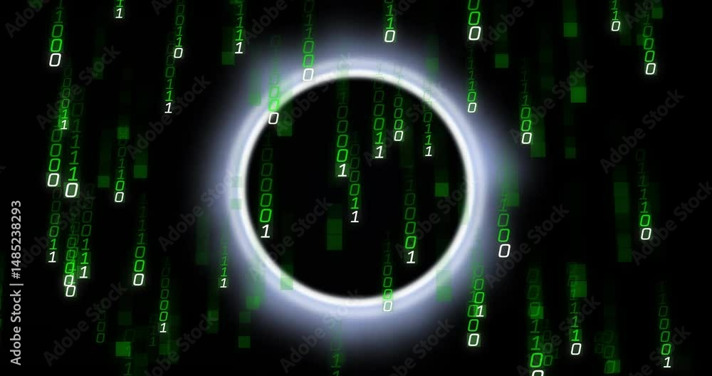 Poster Glowing circular ring floating in dark digital void, showing cascading green binary code streams