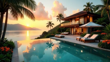 Fototapeta premium Serene Sunset Vista Luxurious Oceanfront Residence with Infinity Pool and Tranquil Patio Loungers
