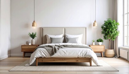 Front view of double bed with headboard and blanket