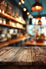 Rustic Wood Tabletop in Cozy Cafe Setting Blurred Background Product Display Mockup Interior Design Warm Lighting