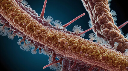 SEM image of Leptospira bacteria showcasing its distinctive spiral morphology and complex surface structure, highlighting features of this pathogenic spirochete.