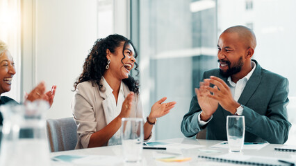 Business people, applause and success at office with meeting, profit and goals at finance agency....