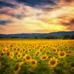 Fototapeta premium Sunflowers at Sunset A Vibrant Impressionistic Landscape.
