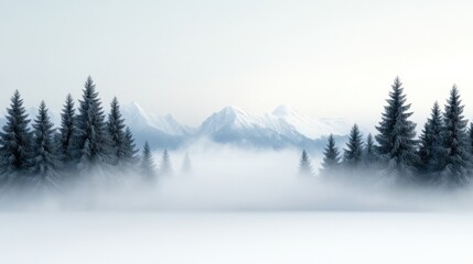 Serene Winter Landscape with Pine Trees and Majestic Snow-Capped Mountains