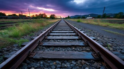 Fototapeta premium Rusted train tracks on an ancient railway, gently arcing upward into golden clouds, forgotten paths to wonder