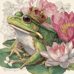 Detailed illustration of a frog wearing a crown amid flowers.