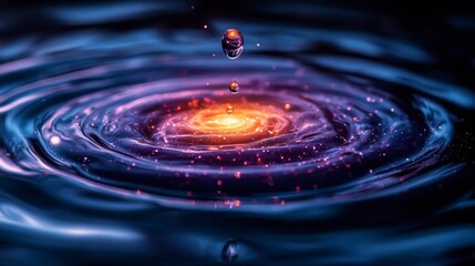 Water drop impact creates cosmic ripple effect, vibrant colors and light