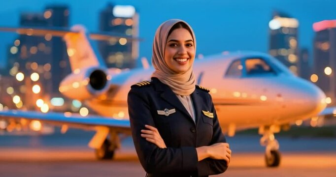 A Middle Eastern woman in front of a private jet. Hijab. An air hostess standing in front of an Airplane	
.