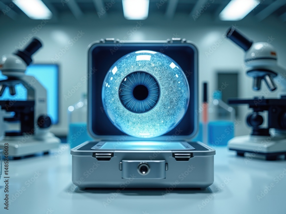 Poster luminous eye model displayed in a lab setting with microscopes and scientific equipment