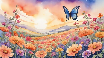 A watercolor of butterfly soaring above a field of vibrant flowers at sunset.