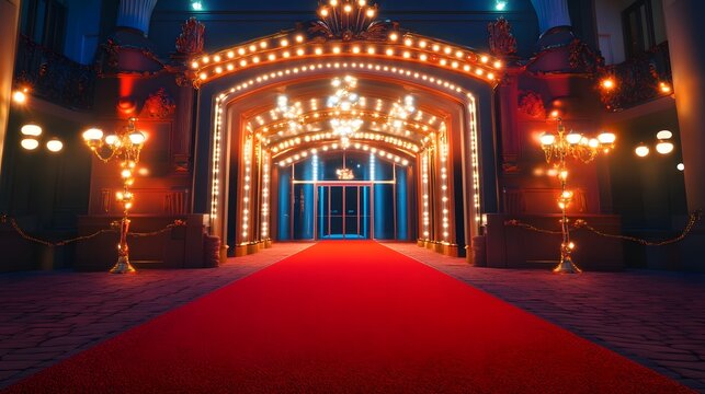Ornate Entrance with Red Carpet and Glowing Lights Implies High Status Ambience and Luxury Occasion Celebrations Royalty and Formal Events with Architectural Opulence