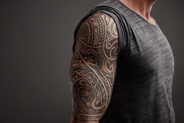 Detailed Polynesian tattoo design adorning a man's upper arm.
