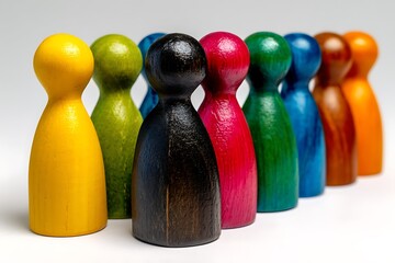 Colorful Wooden Peg Dolls Representing Diversity and Teamwork in a Row