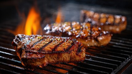 Juicy steaks sizzling on a hot grill with flames in the background.
