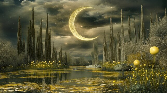 Serene nightscape crescent moon above a tranquil swamp, with unusual flora and tall, slender trees reflecting in still water