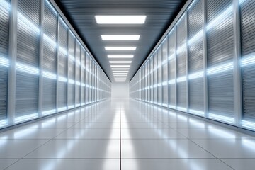 Obraz premium Futuristic data center corridor illuminated with bright LED lights showcasing sleek storage units and a polished floor designed to enhance technology and innovation in digital spaces