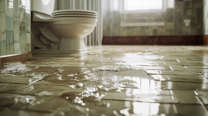 Flooded bathroom floor with toilet and bubbles.
