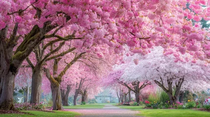 Fototapeten Spring Blossom Tunnel Pathway: Vibrant Pink Cherry Trees Frame a Scenic Roadway Leading to a Charming Cottage Home. © AlirezA