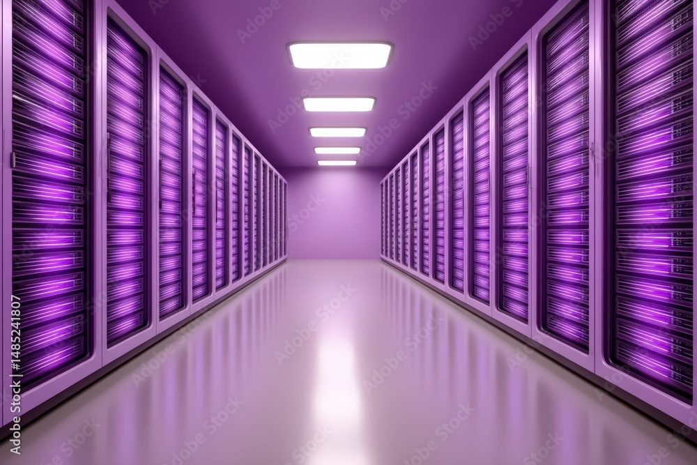 Poster futuristic data center interior showcasing sleek server racks illuminated by vibrant purple lights r