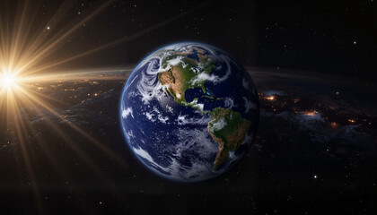 Fototapeta premium Earth viewed from space with sunray illuminating the surface 