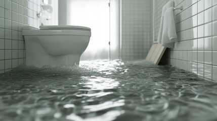 Flooded bathroom with toilet submerged in water, showing damage and water on floor.