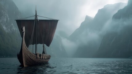 A majestic Viking ship sails through misty fjords, surrounded by towering mountains and serene waters