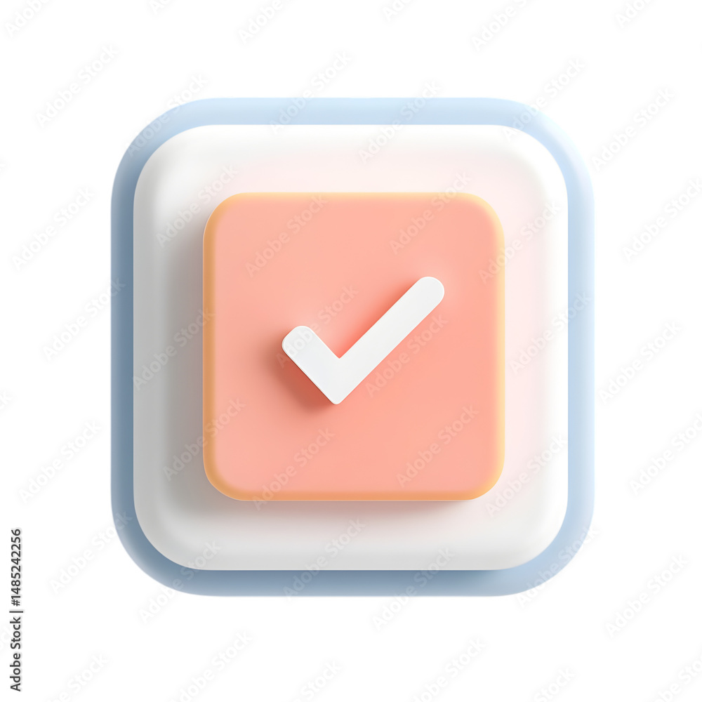 Fototapete three-dimensional, light pink square button, featuring a white check mark. it displays a positive ac