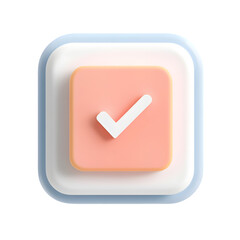 Three-dimensional, light pink square button, featuring a white check mark.  It displays a positive action confirmation.