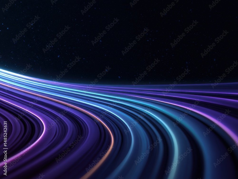Poster abstract curved light trails on dark background creating a sense of motion and futuristic technology