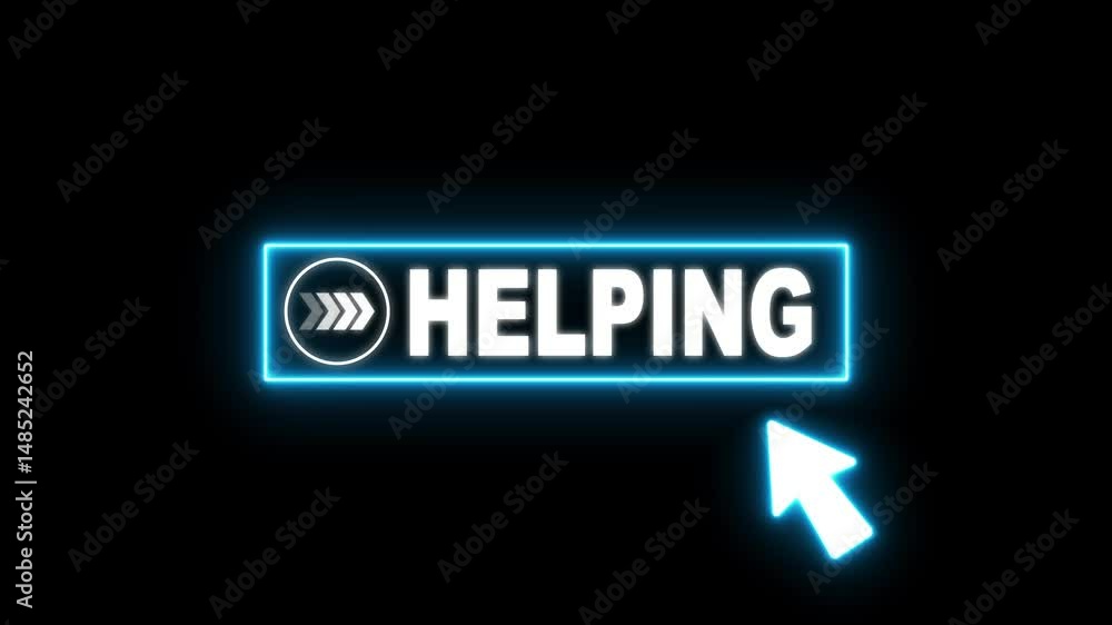Poster glowing neon line mouse cursor animation pointing towards helping button in looping with transparent