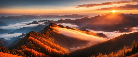 Autumn Mountain Sunrise with Golden Light