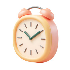 Digitally rendered image of a pastel-colored alarm clock.  The clock's face displays a specific time.