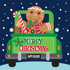 Christmas card with gingerbread man and candy cane on the car