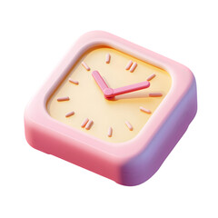 3D rendered, pastel pink square clock with a light yellow face and hands, showcasing a modern design.