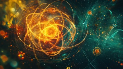 Abstract cosmic energy swirls, vibrant hues, glowing core, nebula-like background