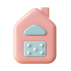 Rendered, light pink house-shaped icon in a 3D style with pastel details.