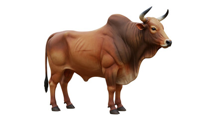 A brown bull with large horns stands in a full shot against a black background in a studio setting