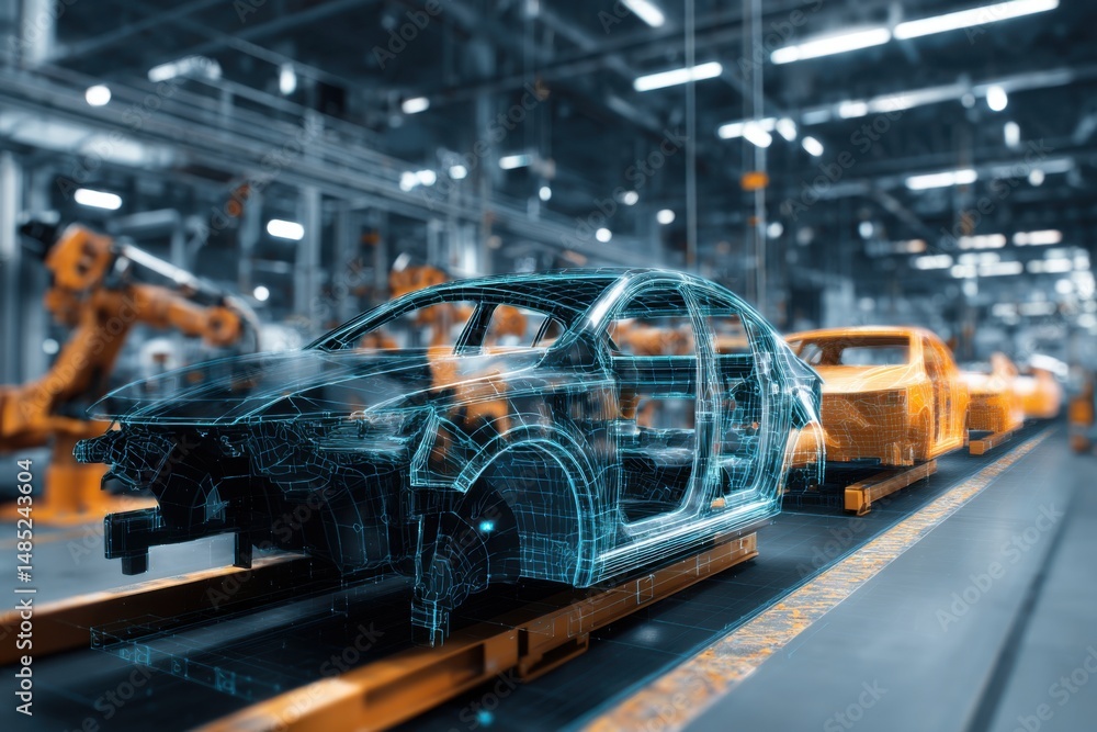 Poster automotive assembly line with car bodies on conveyor belt in factory; low angle view of manufacturin