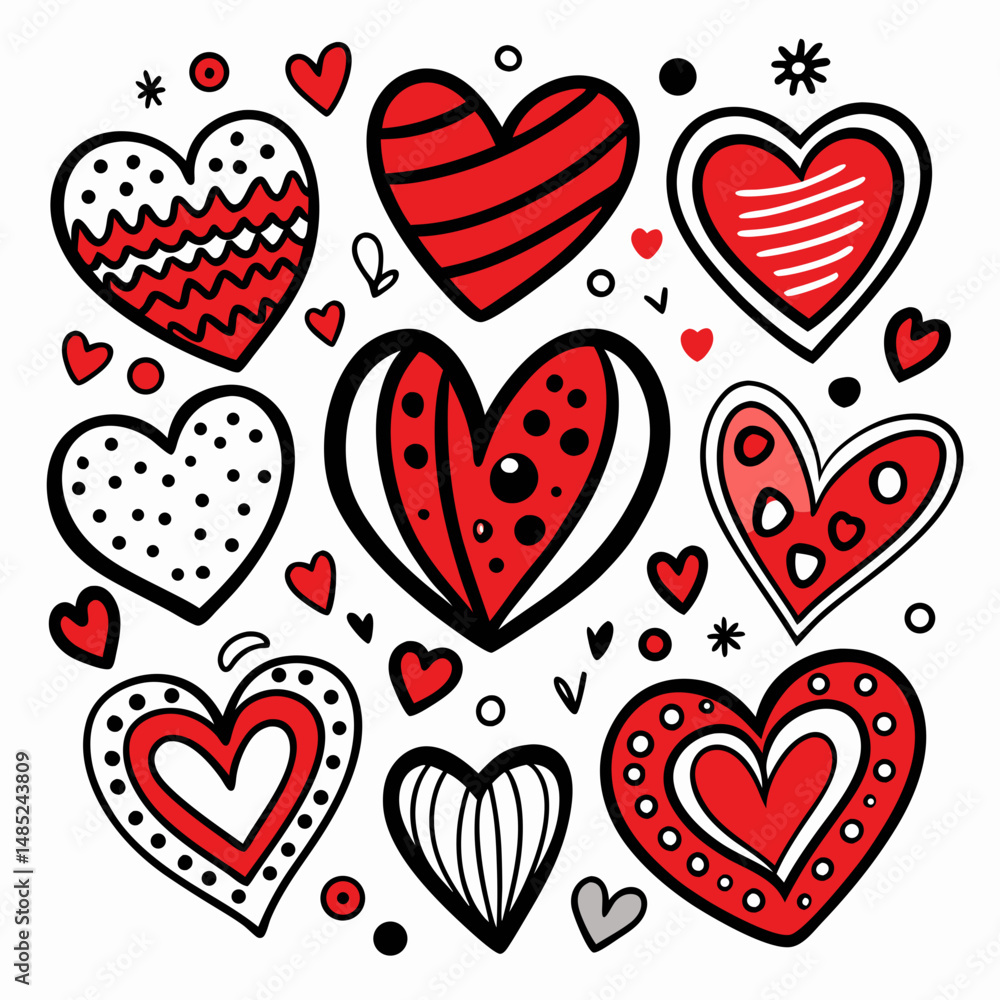 Poster collection of hand drawn hearts in red and black with various patterns on a white background design 