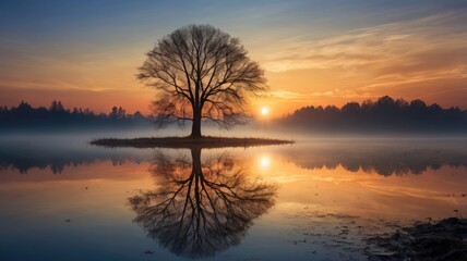 Obraz premium Solitary Tree Reflected on Lake at Misty Sunset