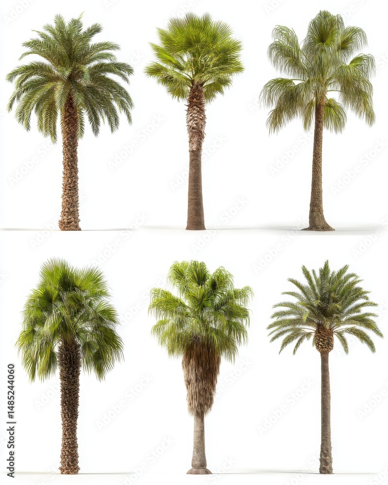 Poster six palm trees standing tall on white background showcasing different species and textures in studio
