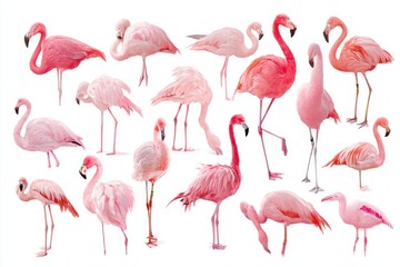 Obraz premium Flock of Pink Flamingo Birds Standing and Feeding on White Background; Eye-Level Shot of Various Poses and Plumage