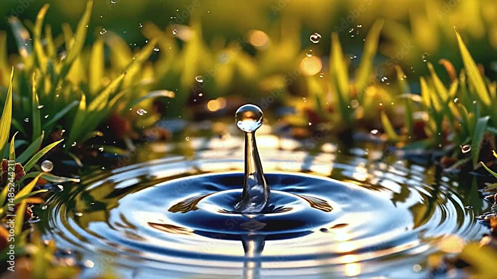Aufkleber serene captivating scene of small water droplet mid-air perfectly captured as it impacts still surfa