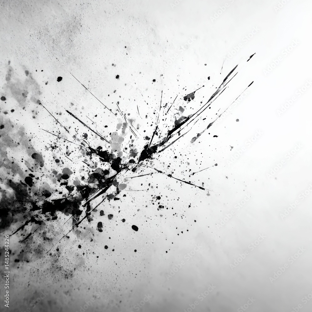 Poster abstract black ink splatter on white background - minimalist art texture with dynamic lines