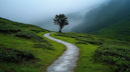 Fototapeta premium Serene Pathway Through Lush Green Landscape in Misty Hills