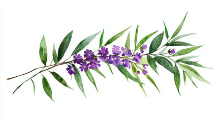 Watercolor botanical illustration of purple flower branch with green leaves, showcasing natural beauty and elegance