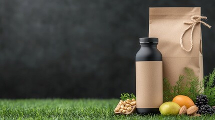 Reusable Bottle and Brown Paper Bag on Grassy Picnic Setup
